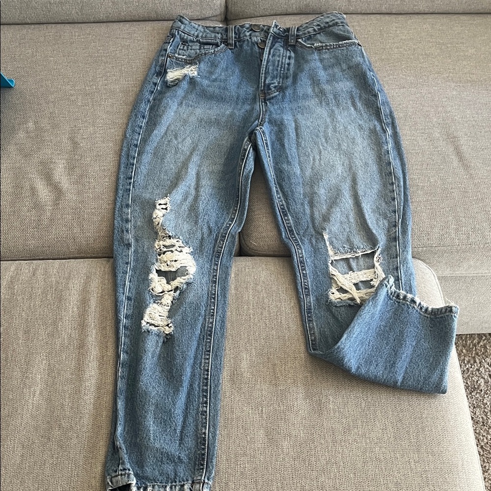 Stradivarius Blue Distressed Straight Leg Jeans